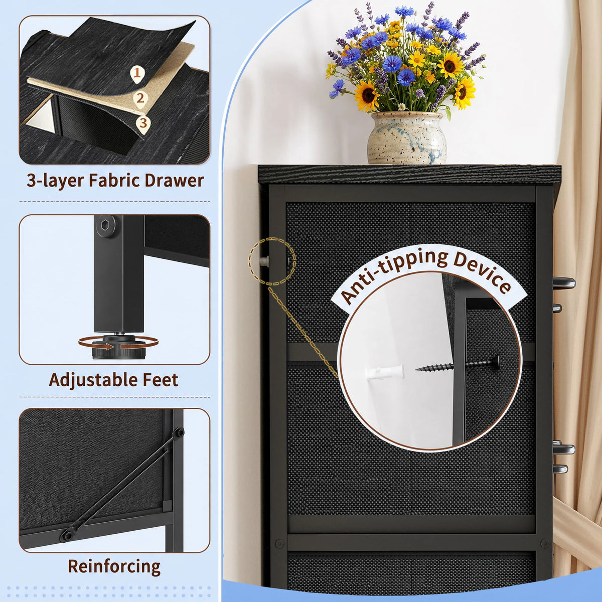 EnHomee Fabric Dresser With LED Lights And Charging Hub Organizer