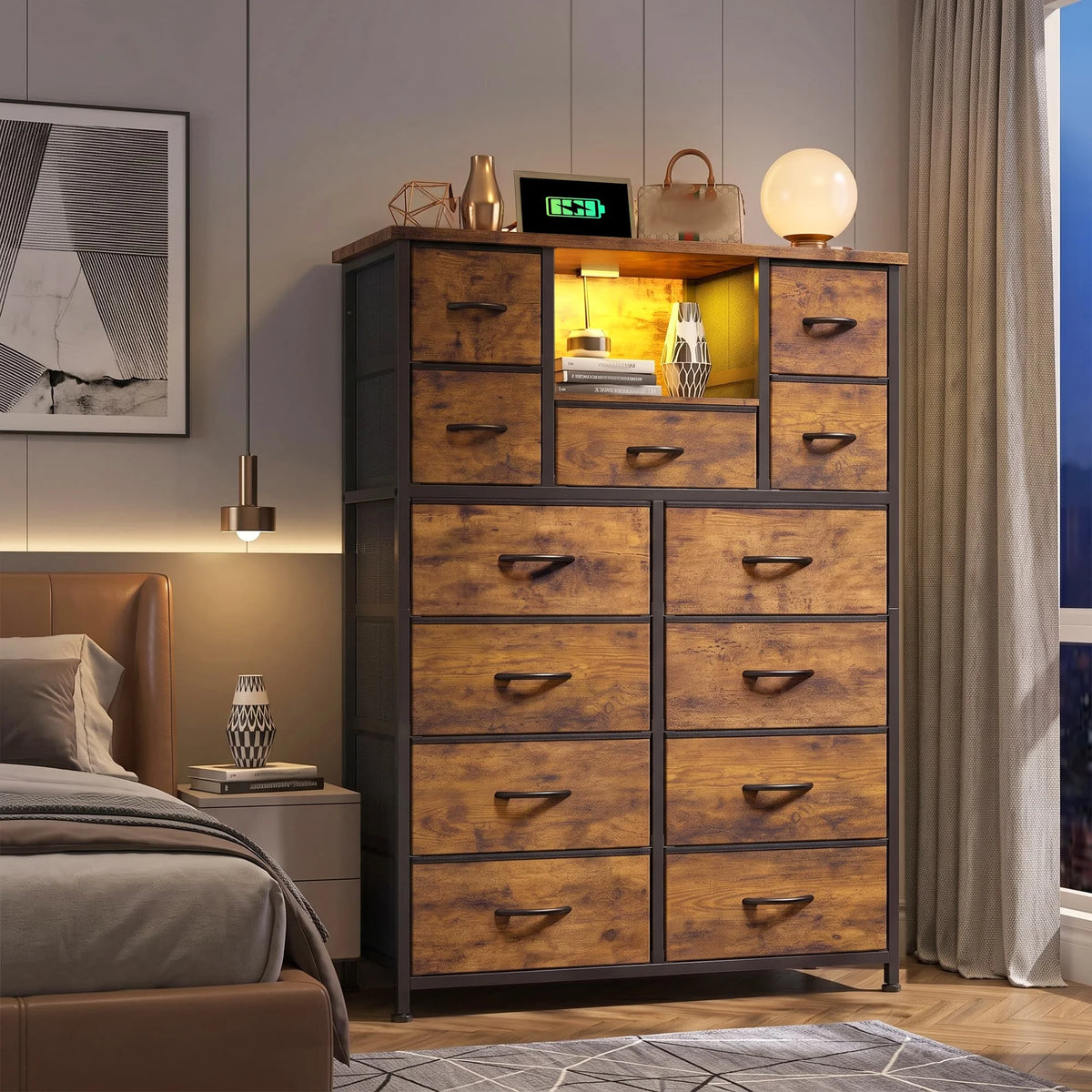 EnHomee Fabric Dresser With LED Lights And Charging Hub Organizer