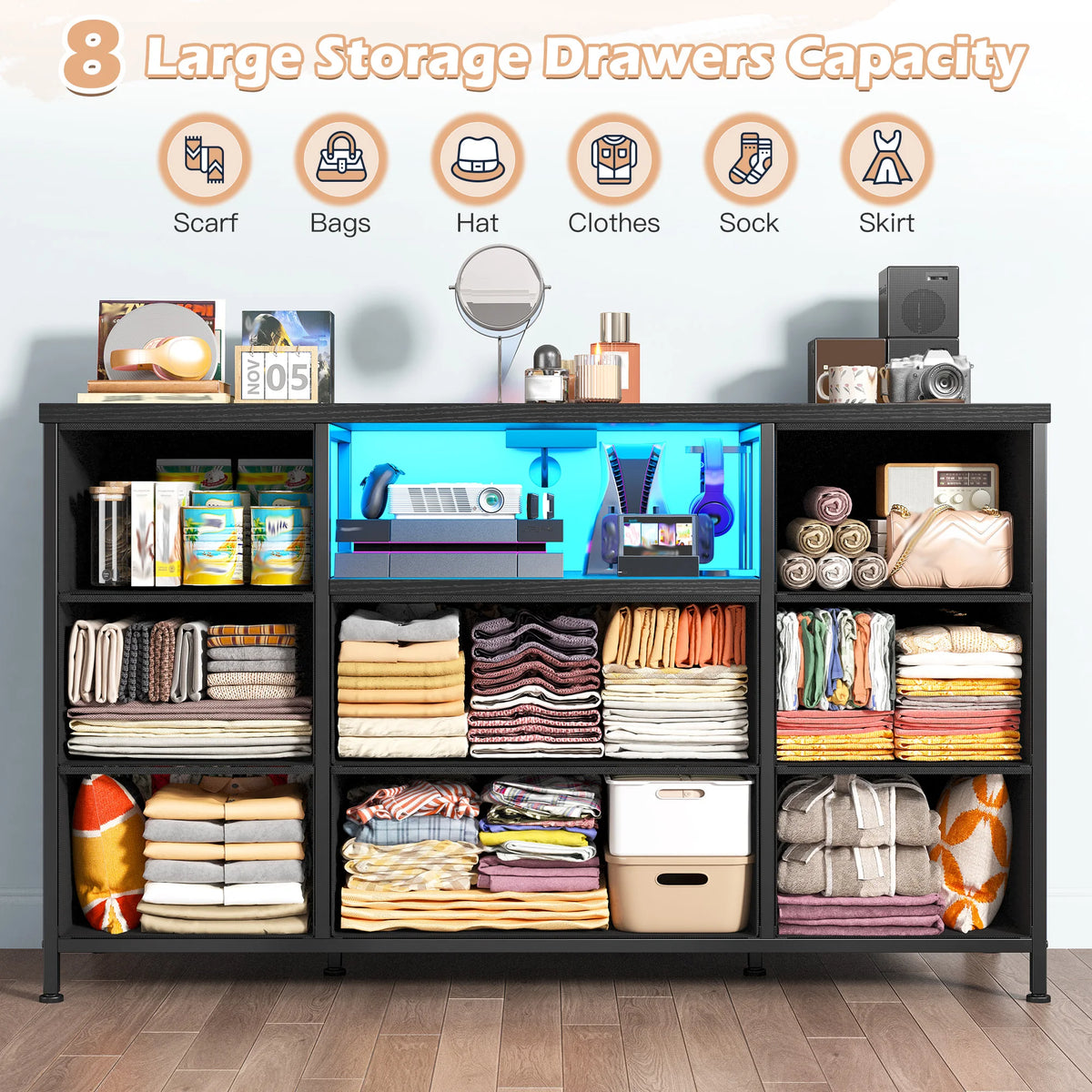 EnHomee Media Dresser With LED Lighting And Charging Station