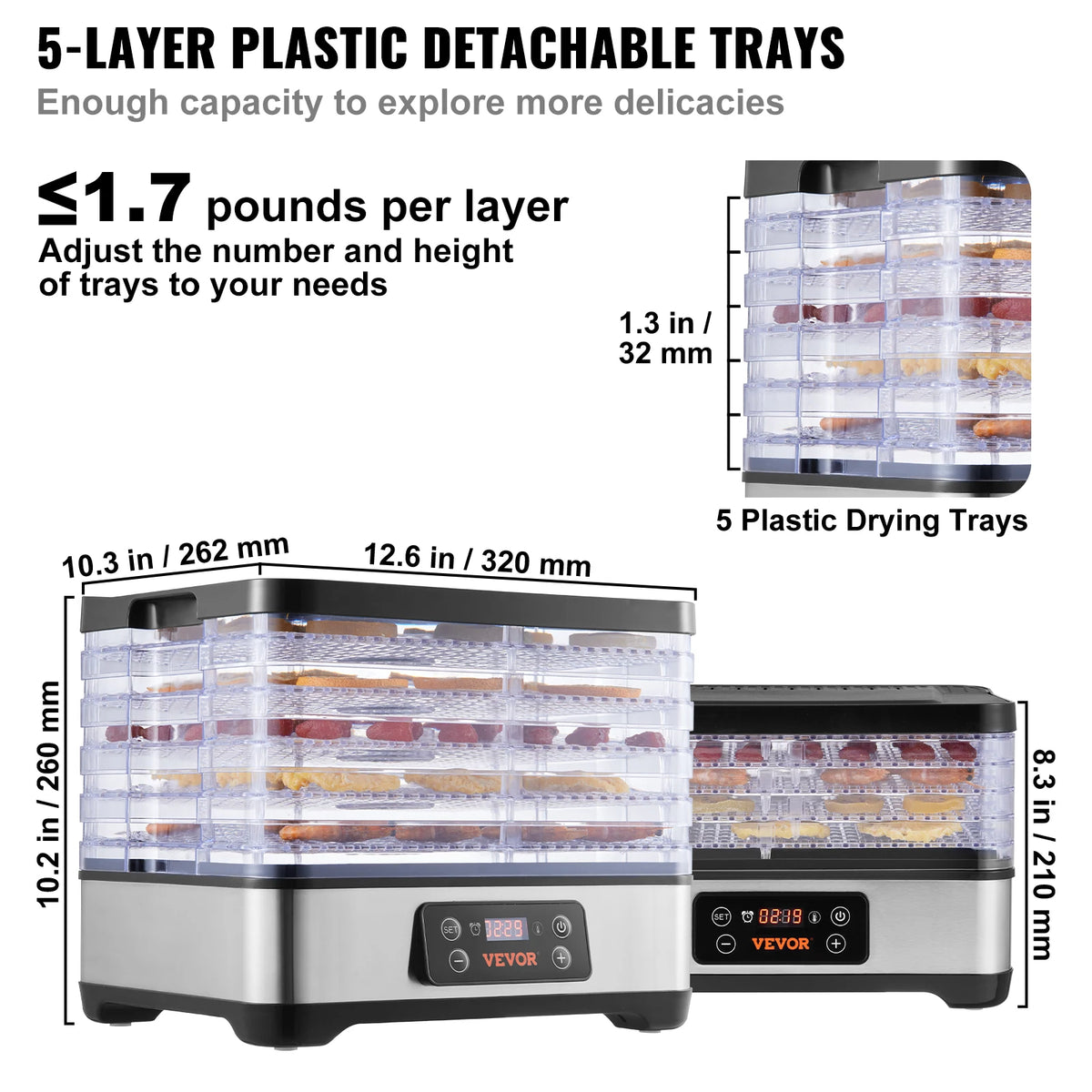VEVOR 5 Tray Stainless Steel Food Dehydrator With Digital Controls