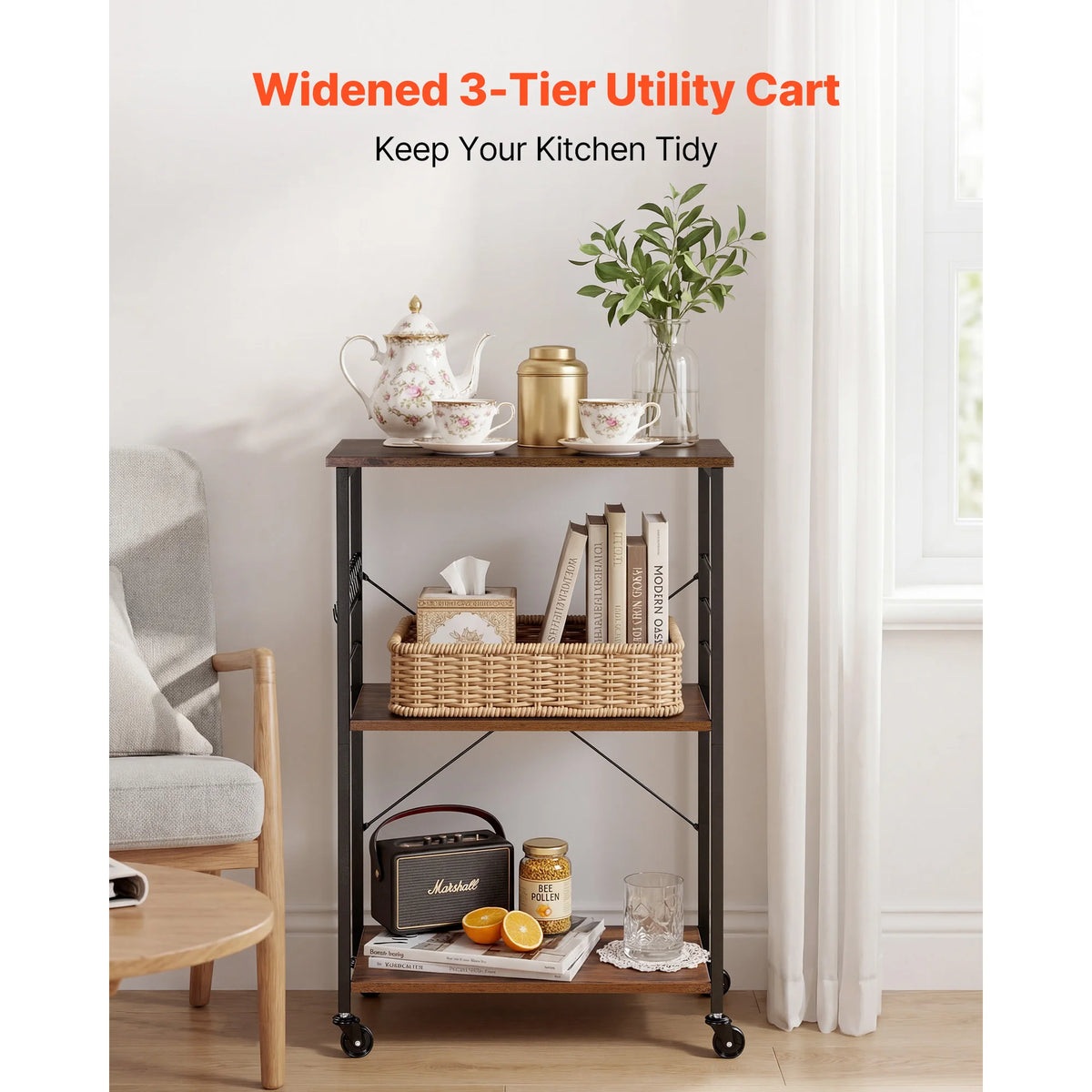 SucceBuy Three Tier Kitchen Utility Cart With Microwave Shelf and Hooks