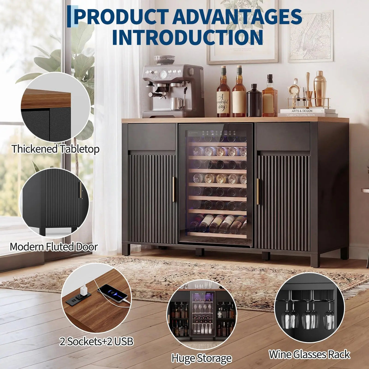 HiMISS Fluted Coffee Bar Cabinet With Mini Fridge Wine Rack