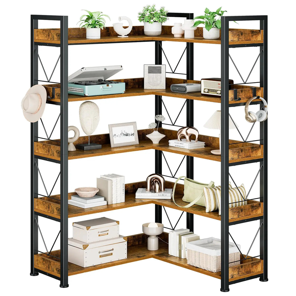 JHK L Shaped Five Tier Corner Bookshelf With Metal Frame