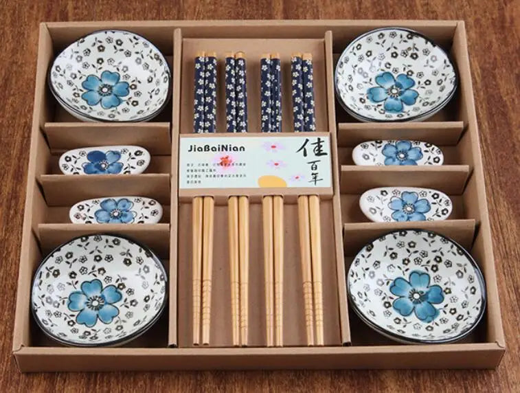 Japanese Style Cherry Blossom Ceramic Sushi Dishes Sashimi Soysauce Dish Dinnerware Set Tableware Set Gift Box (12Pcs/Set)
