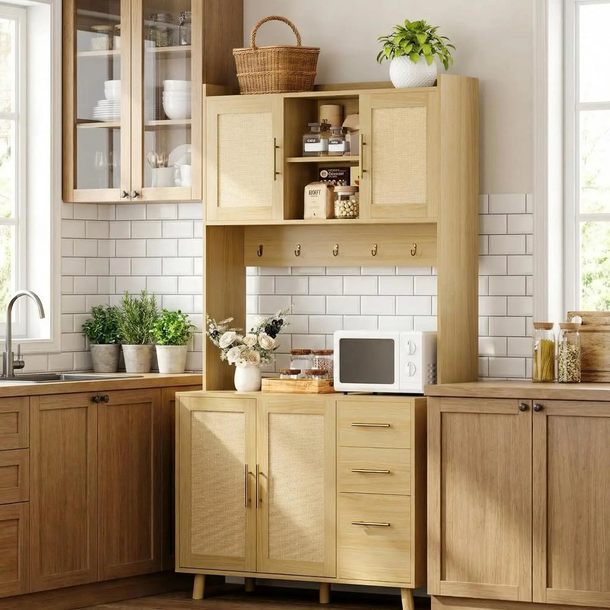 HiMISS Rattan Pantry Cabinet With Drawers Hooks And Adjustable Shelves