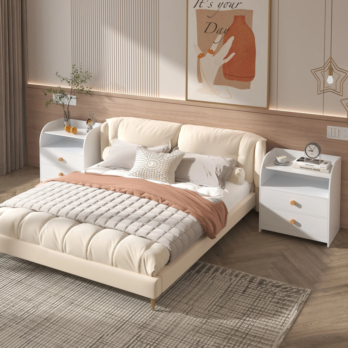 Modern Nightstand With Two Drawers And Open Shelf Storage