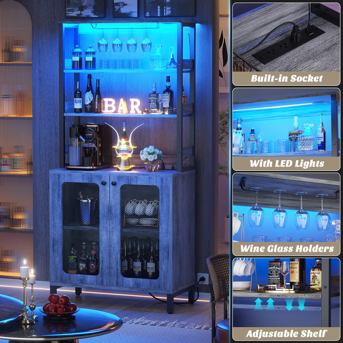 Aheaplus Bar Cabinet With LED Lights Glass Holder And Outlets