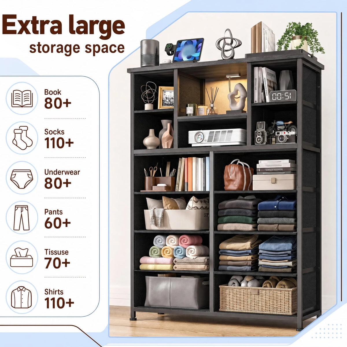 EnHomee Fabric Dresser With LED Lights And Charging Hub Organizer