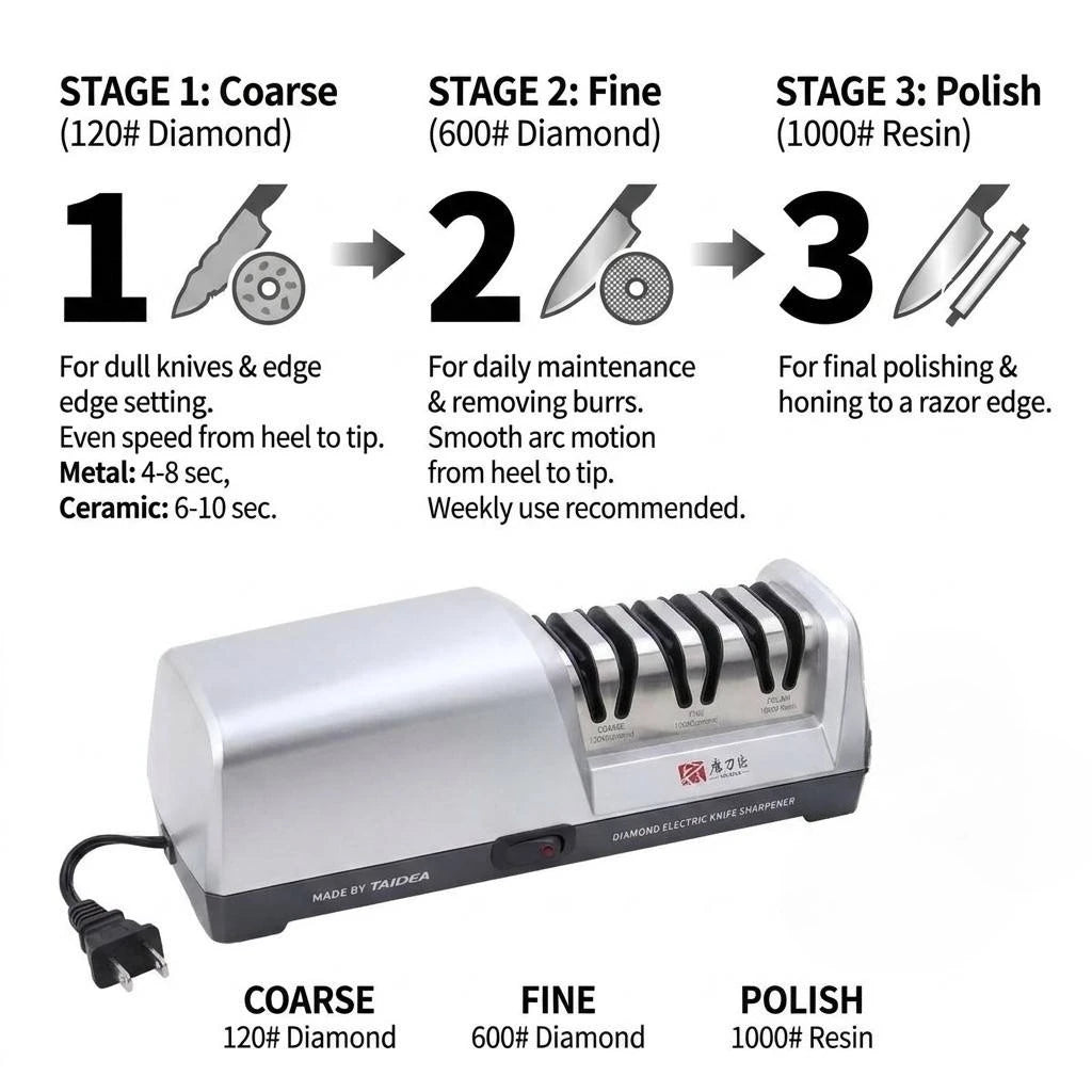 Electric Three Stage Diamond Knife Sharpener With Angle Guide
