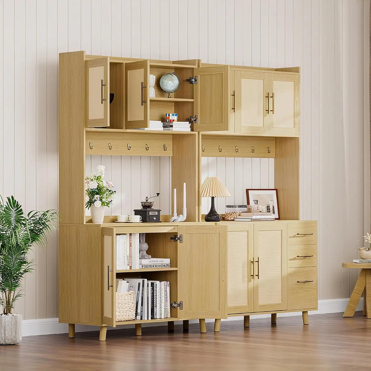 HiMISS Rattan Pantry Cabinet With Drawers Hooks And Adjustable Shelves