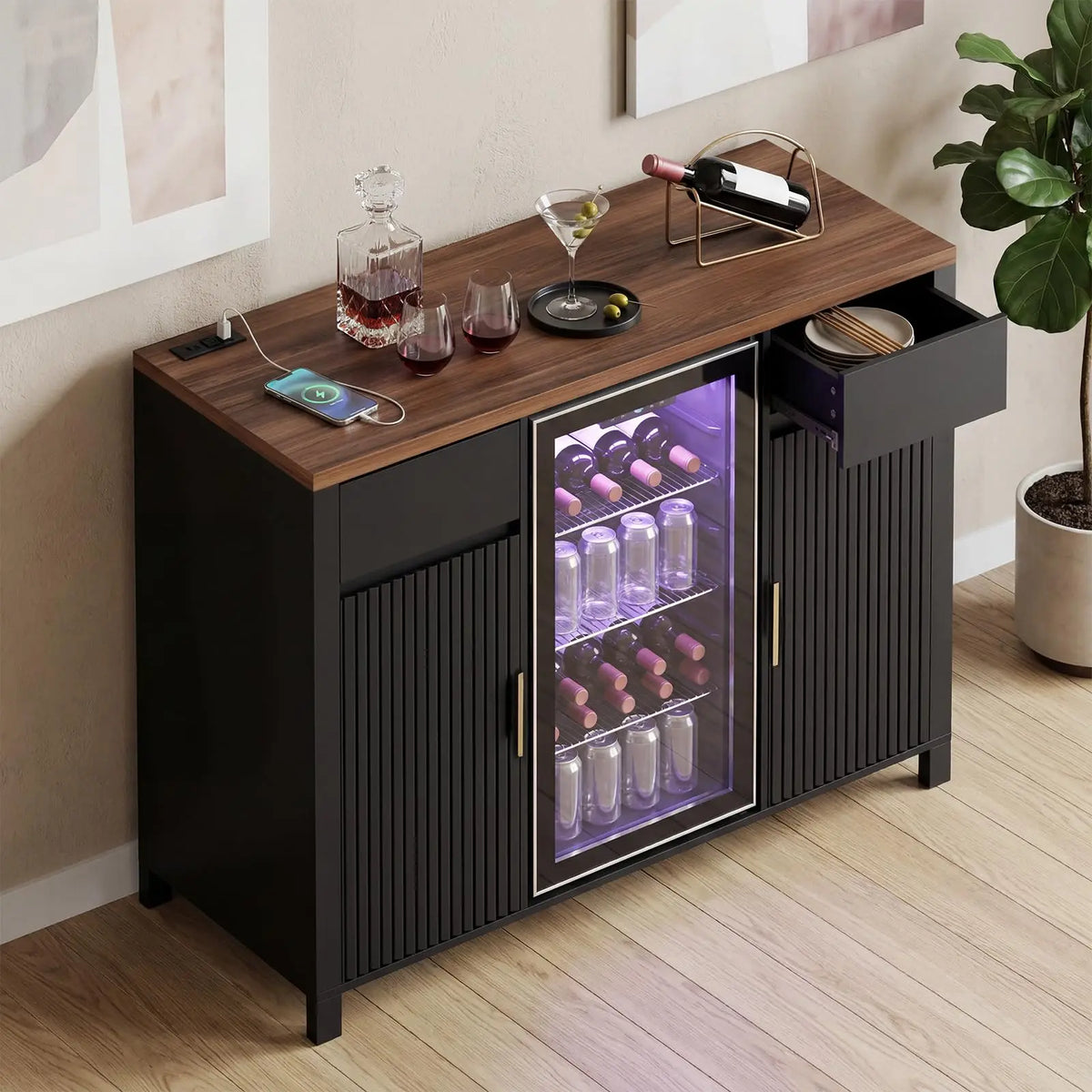 HiMISS Fluted Coffee Bar Cabinet With Mini Fridge Wine Rack