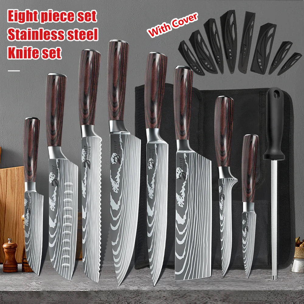 KEPEAK Stainless Steel Kitchen Knife Set With Chef Santoku Cleaver