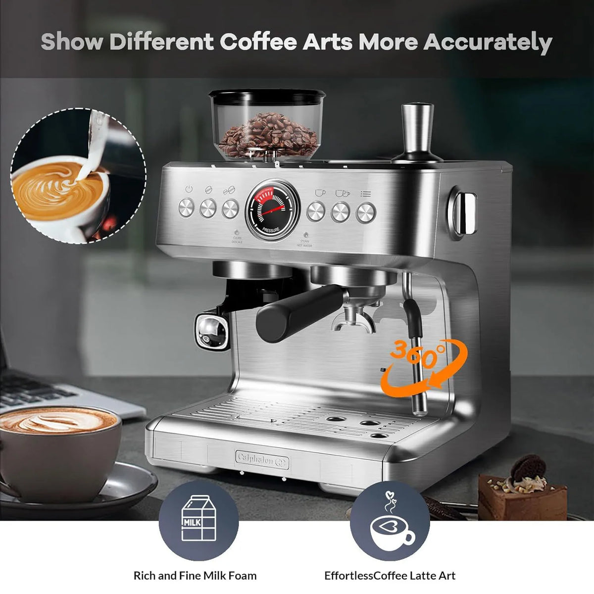 Acekool 20 Bar Espresso Machine With Grinder And Steam Wand