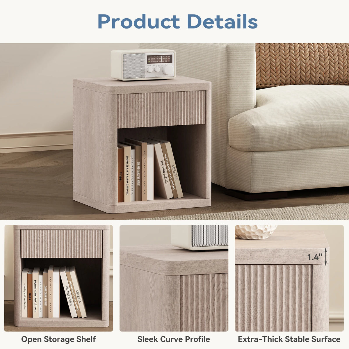 JHK 23IN Wooden End Table with Fluted Front Living Room Cabinet Mid Century Modern Night Stand with Drawer and Open Shelf Sturdy Compact Sofa Side Table for Bedroom