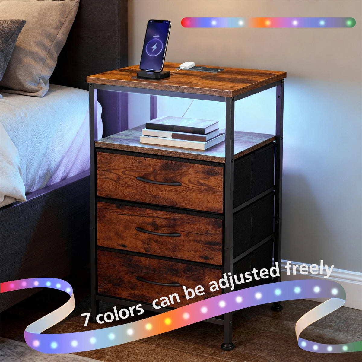 MCQ 3 Fabric Drawers Cabinets with Charging Station LED Light Strip Bedside End Table Storage Nightstand for Home Furniture