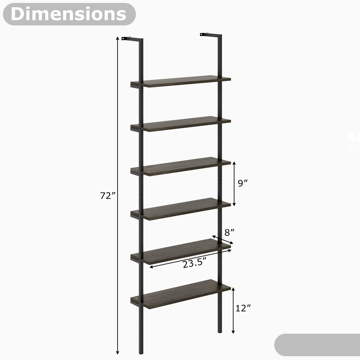 6-tier Ladder Shelf 72 Inches Industrial Wall Mounted Bookshelf Oak
