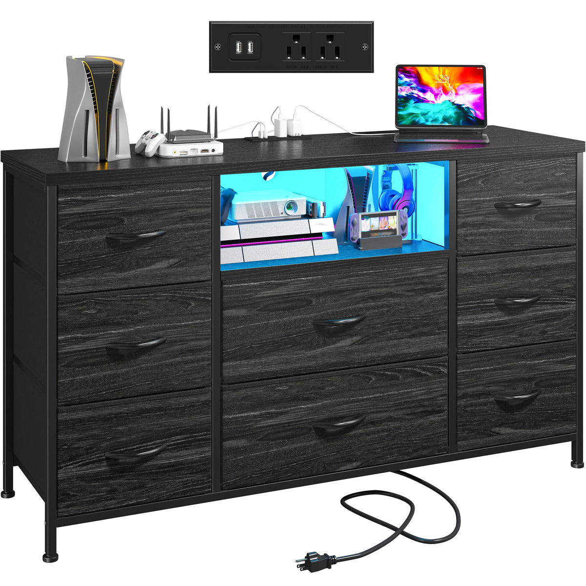 EnHomee Media Dresser With LED Lighting And Charging Station