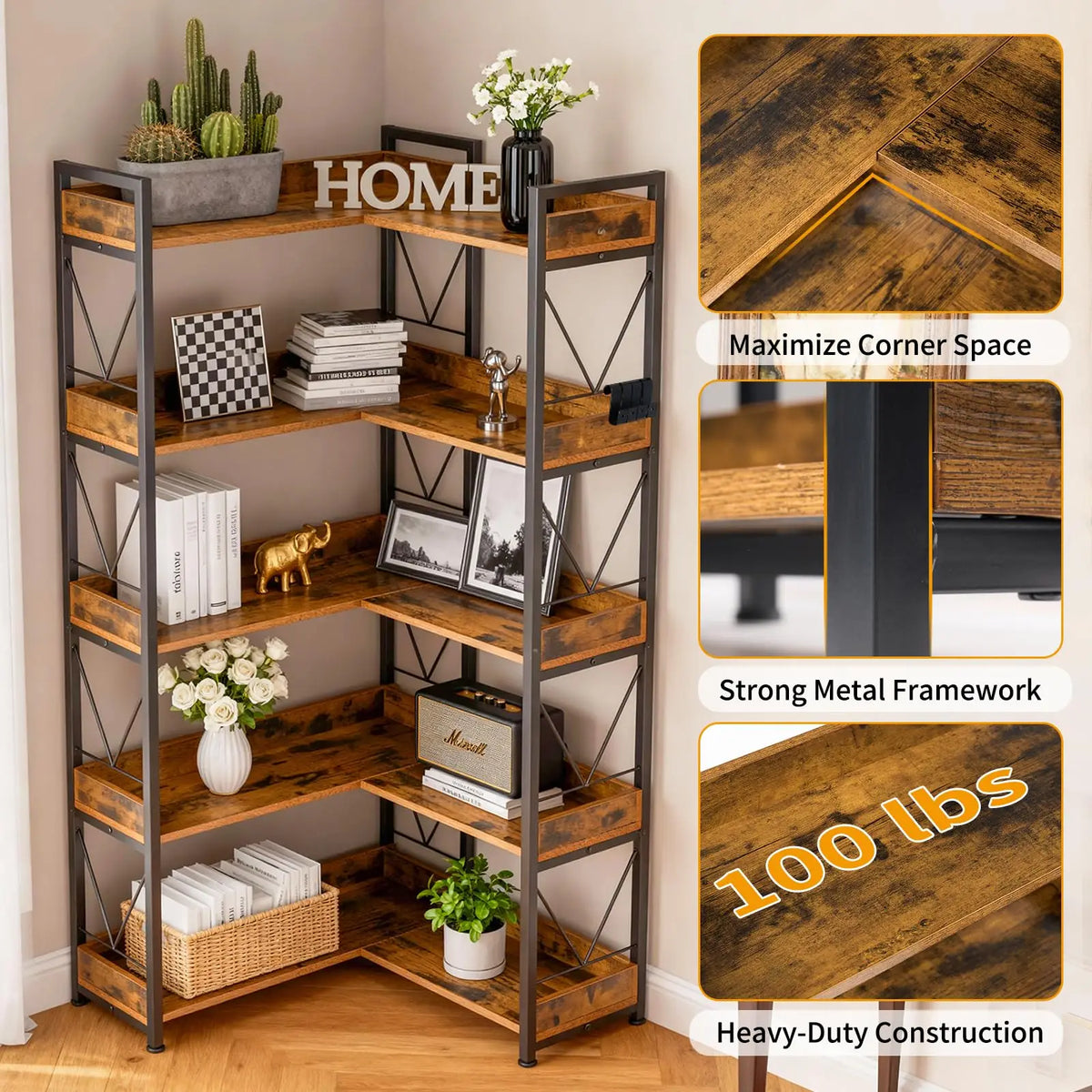 JHK L Shaped Five Tier Corner Bookshelf With Metal Frame