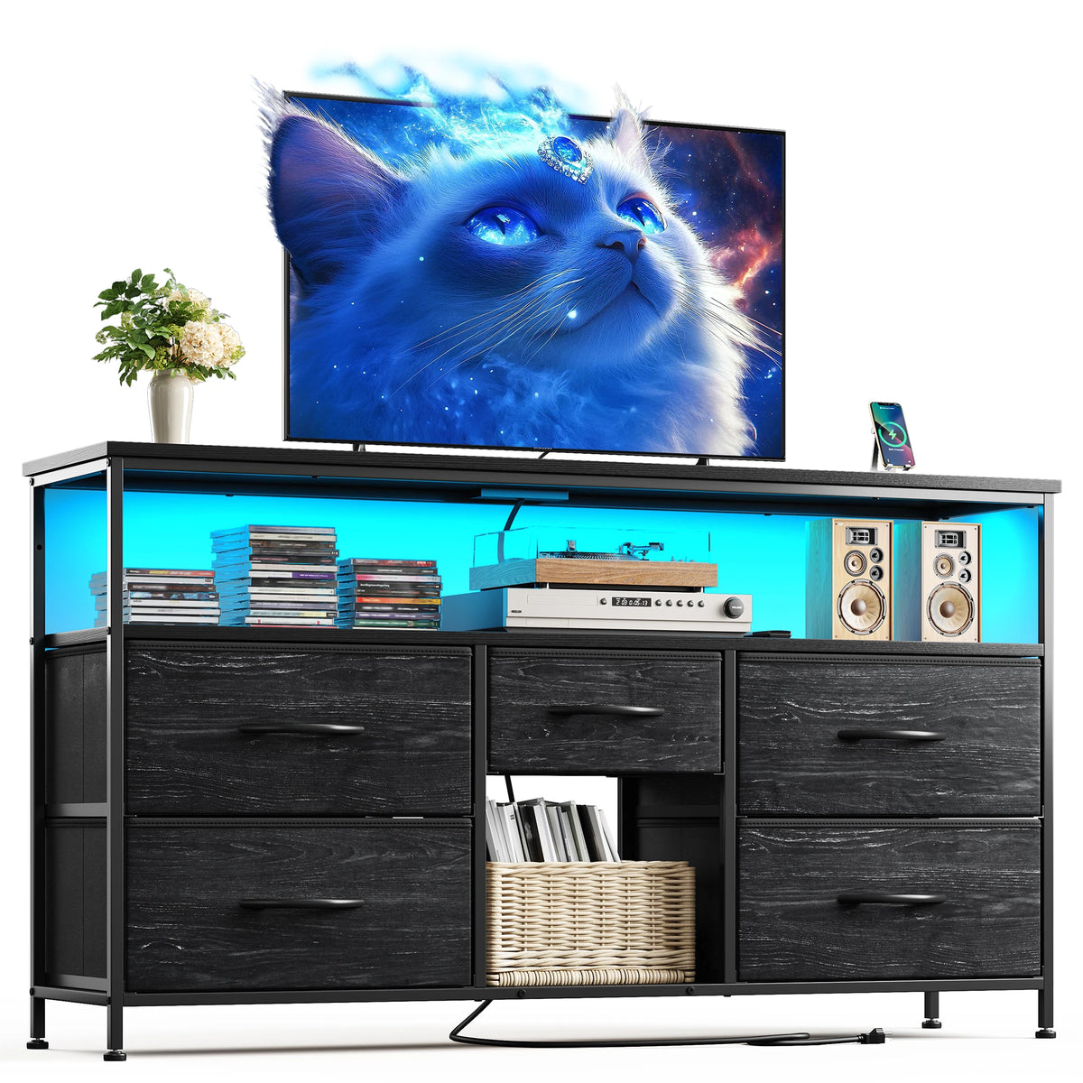 EnHomee Modern TV Console With LED Lights And Fabric Drawers