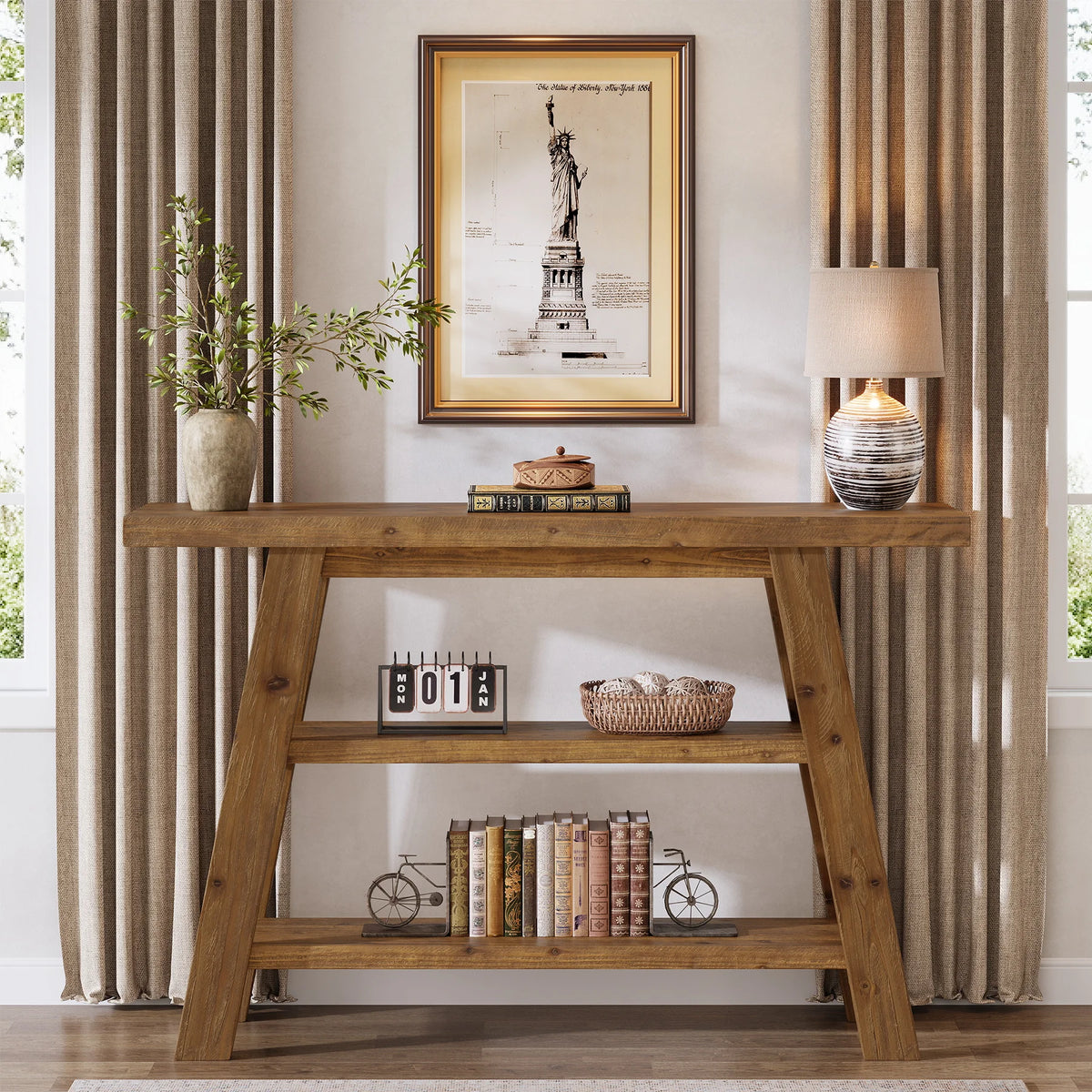Tribesigns Rustic Wood Console Table With Three Tier Storage Shelves