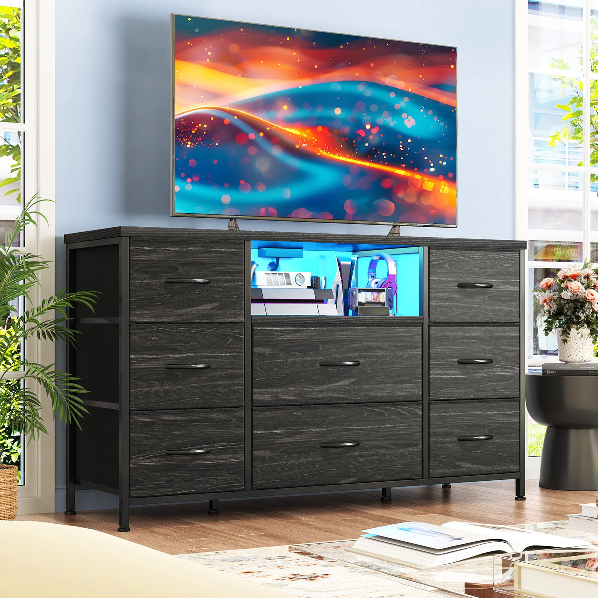 EnHomee Media Dresser With LED Lighting And Charging Station