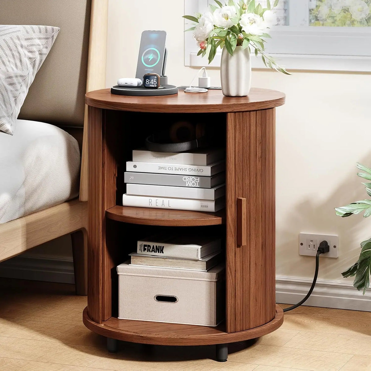 ONBRILL Fluted Round End Table With Storage For Bedroom malembe