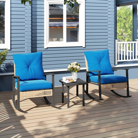 3 Pieces Bistro Set with Rattan Rocking Chairs & Coffee Table Dark Blue