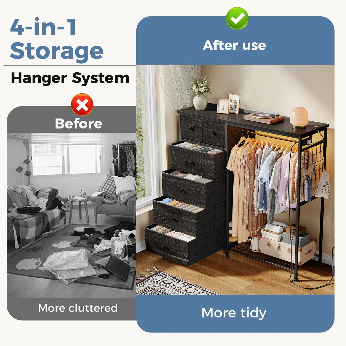 JHK Fabric Dresser With Hanging Rack And Charging Station