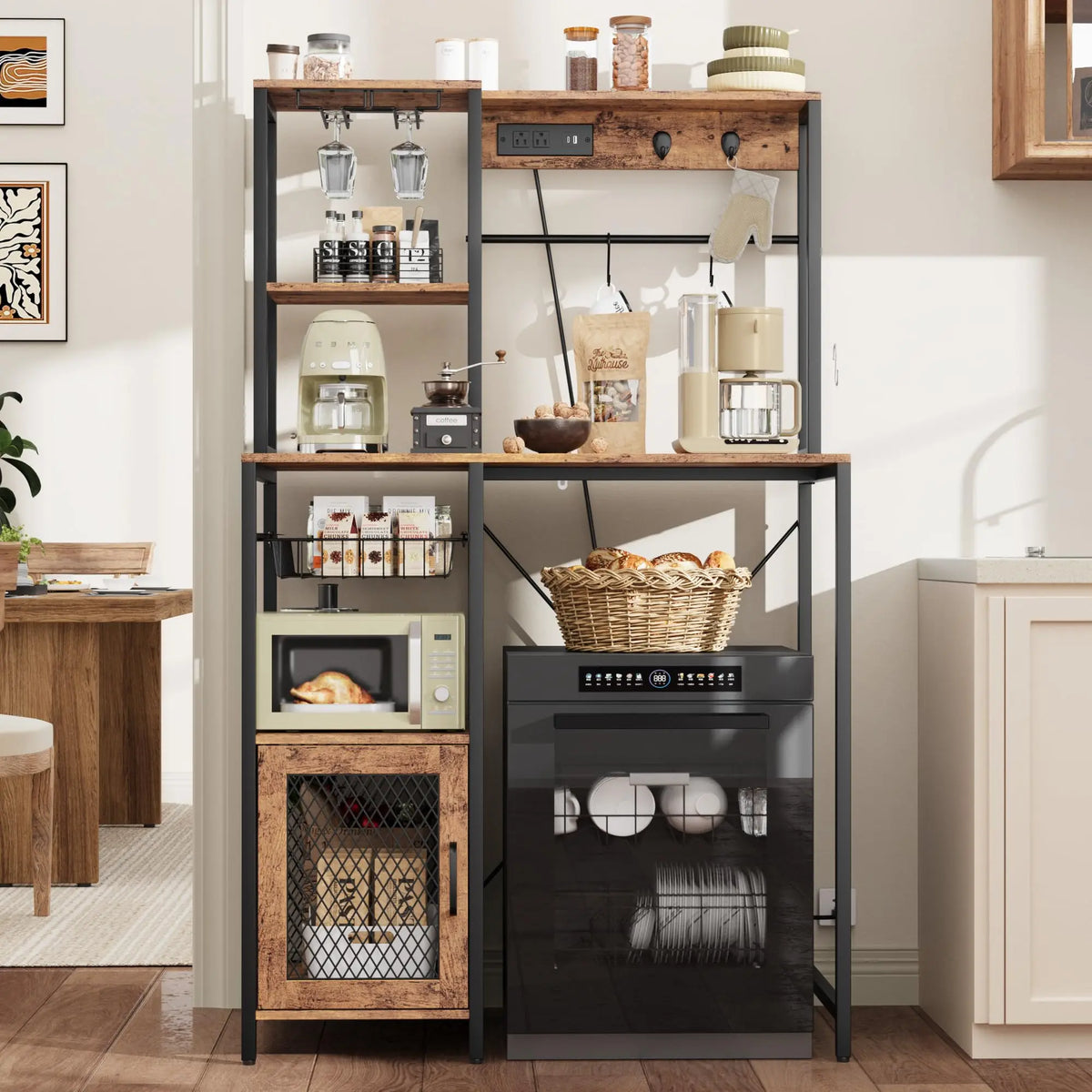 Kitchen Bakers Rack With Power Outlet And Storage Cabinet
