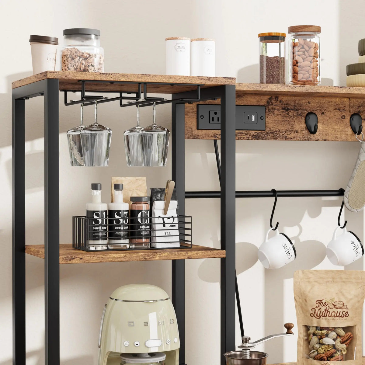 Kitchen Bakers Rack With Power Outlet And Storage Cabinet