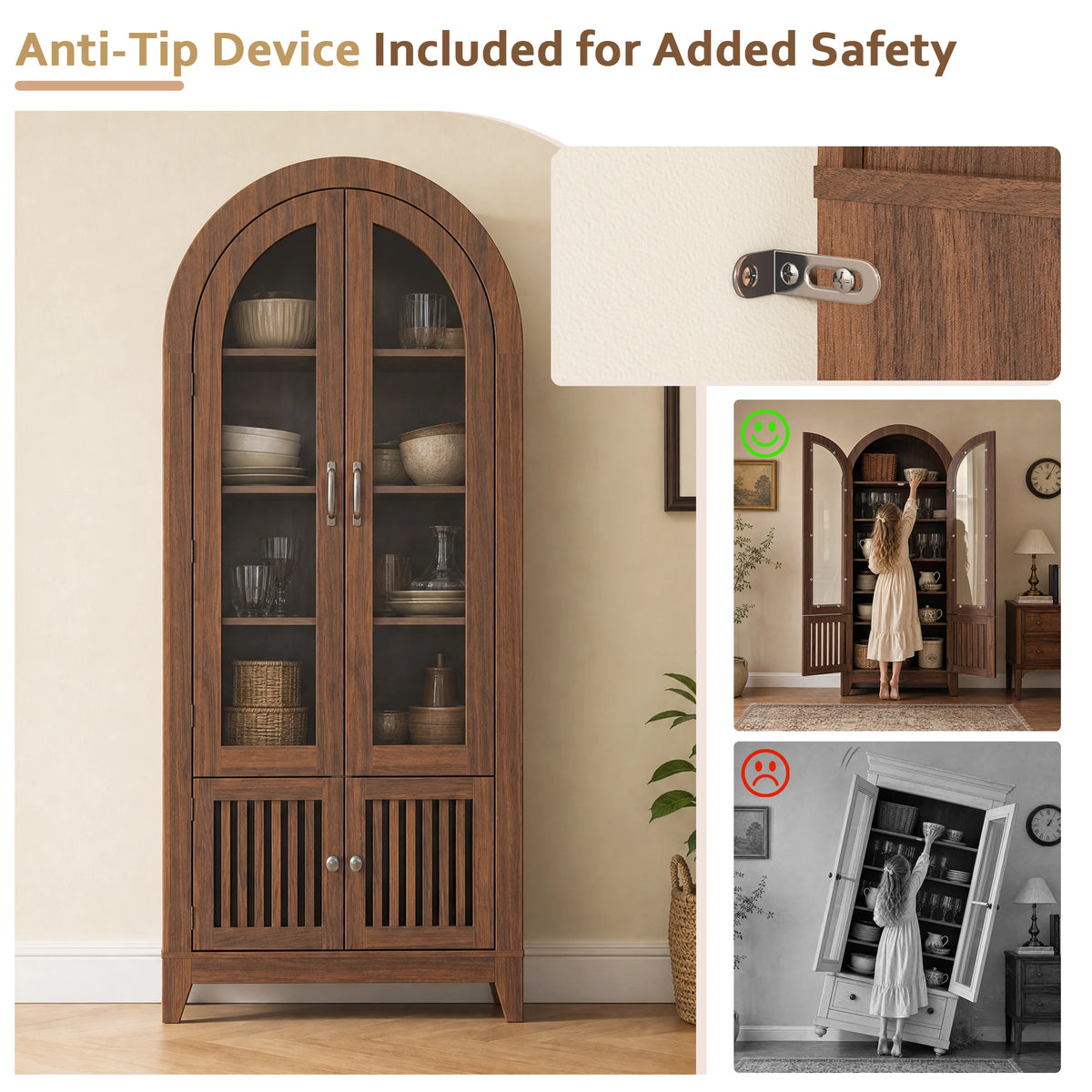 TCGBKAF Modern Farmhouse 68.9" Tall Arched Display Cabinet, Wooden Glass Door Pantry Cabinet with Adjustable Shelf for Living Room, Dining Room, Entryway Home Furniture